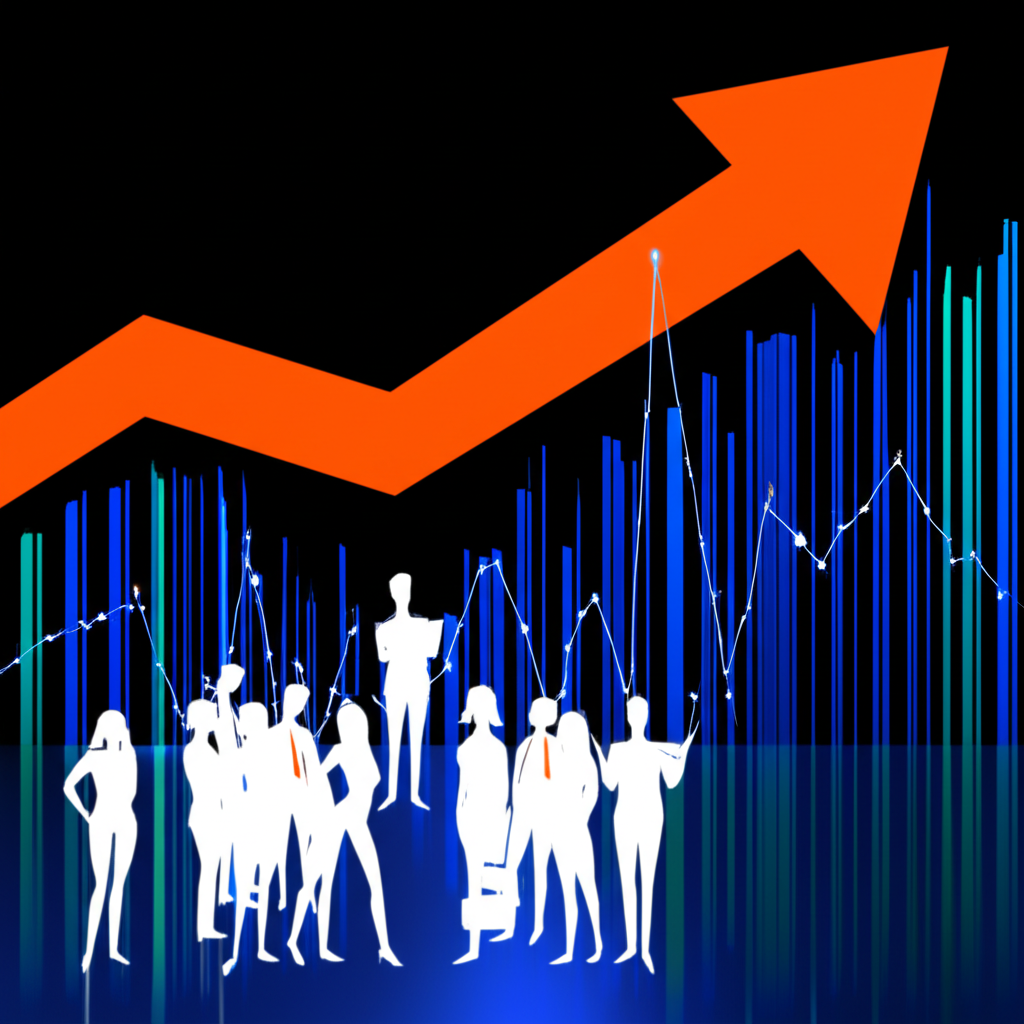 Illustration of a chart with an arrow showing a general market direction, with abstract figures representing investors and businesses making decisions, symbolizing market trend understanding