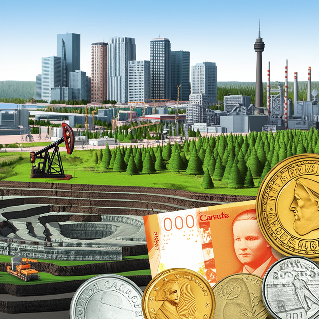 Illustration of Canada's landscape with oil rigs, forests, cities, and integrated CAD banknotes and coins
