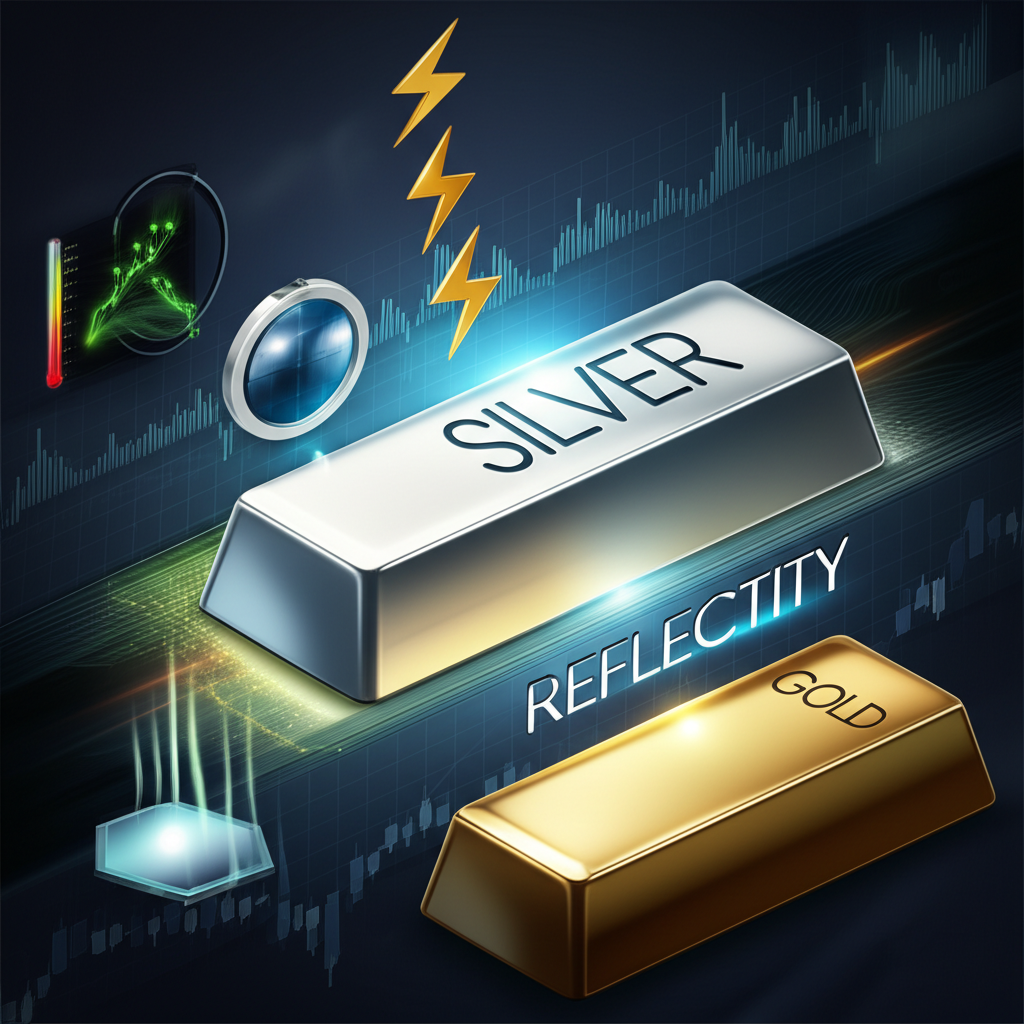 Illustration of silver's properties including conductivity and reflectivity contrasted with gold, set against market charts