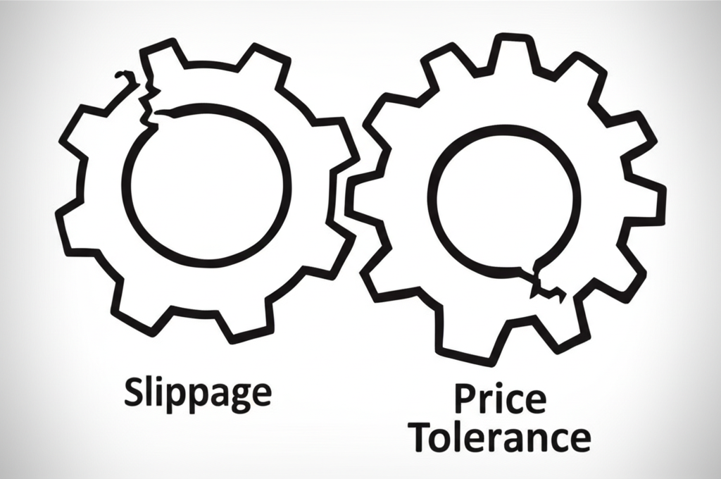 Illustration showing two distinct gears labeled 'Slippage' and 'Price Tolerance' interlocking, with one gear representing an unexpected market price shift and the other representing a trader's predefined limit, illustrating their interconnected relationship, in an illustrative style.