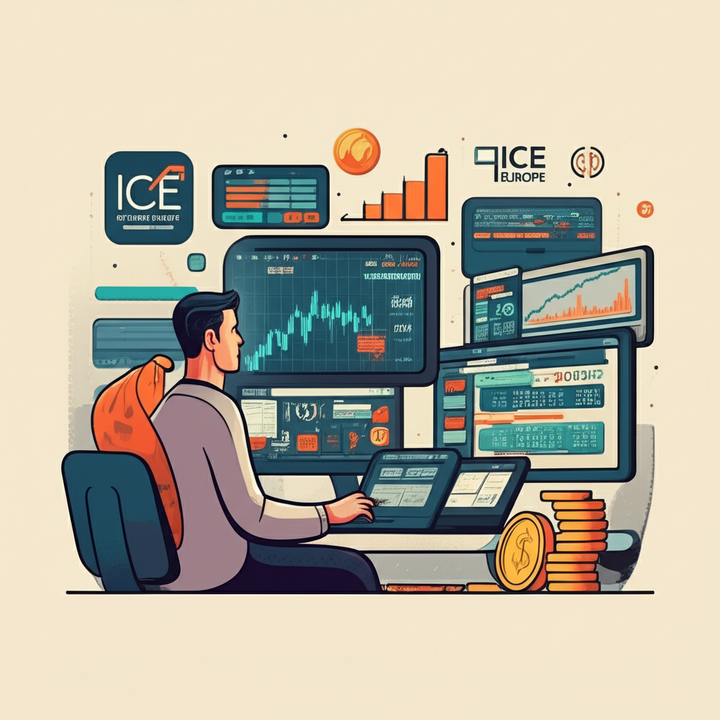 Illustration of a trader interacting with a computer screen displaying a trading platform, with charts and order entry boxes, overlaid with symbols of major exchanges like ICE Futures Europe, showing margin concepts