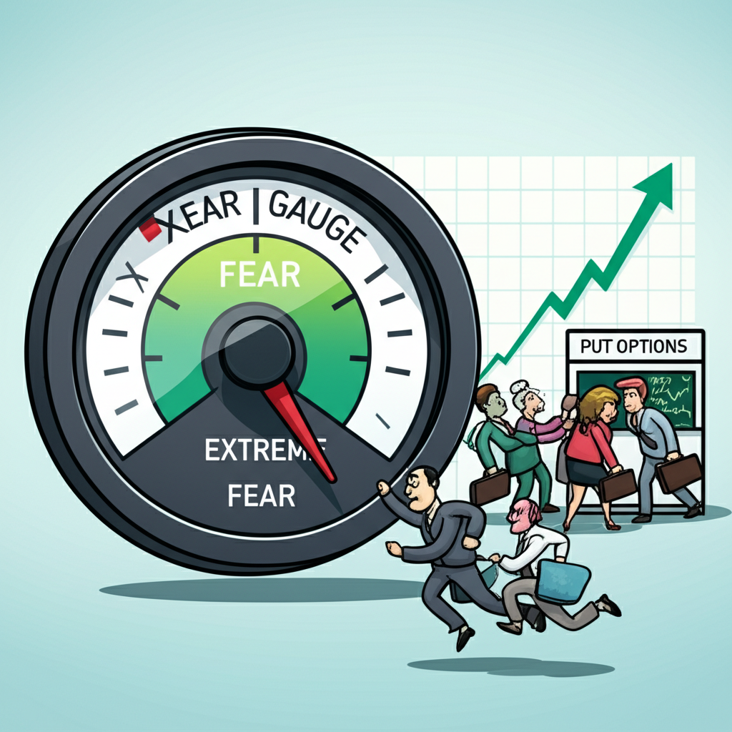 Market scene with investors buying put options during stress, VIX fear gauge spiking upward