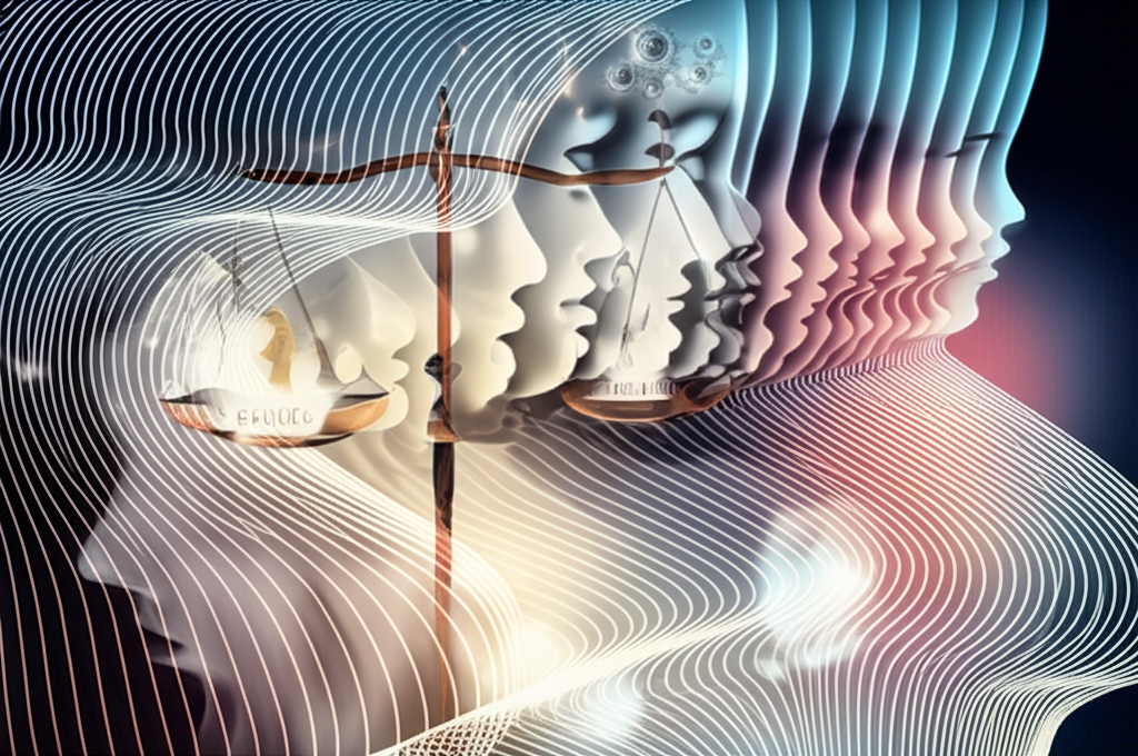 Illustration depicting multiple parallel universes intertwining, with figures experiencing profound Near-Death Experiences (NDEs), symbols of identity shifting, and a balance scale representing faith versus science, in a thoughtful, ethereal style.