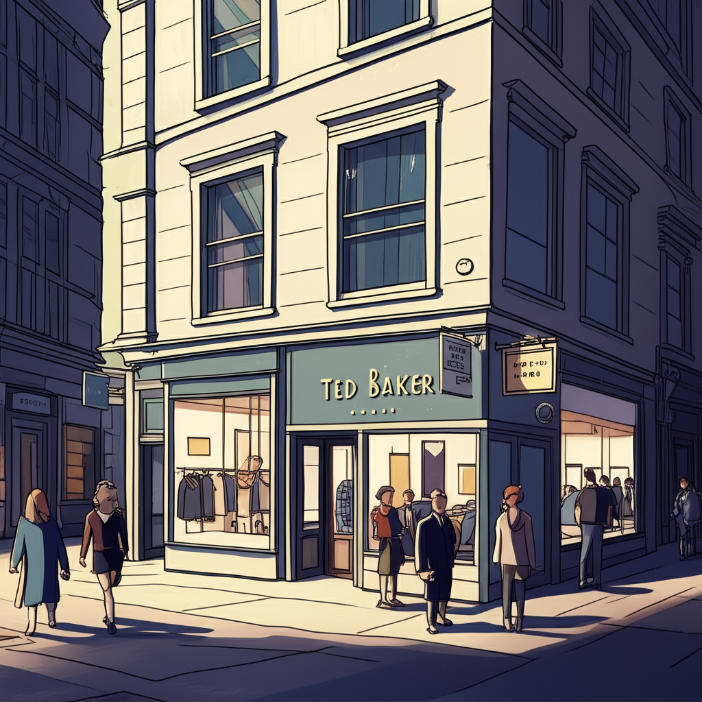Illustration of a Ted Baker store on a British high street with financial shadows and ABG's emergence