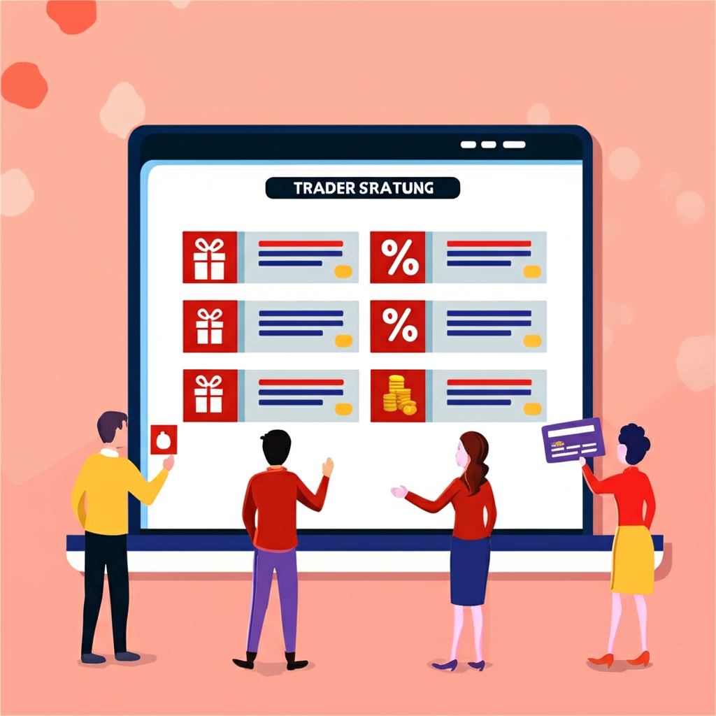 Colorful illustration of diverse traders choosing from different bonus structures like gift boxes and percentage signs on a screen, symbolizing personal choice