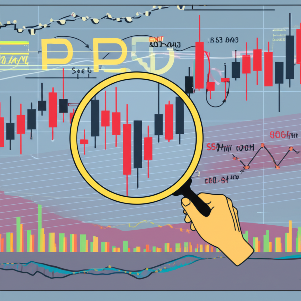 A trader analyzing a forex chart with various patterns, using a magnifying glass to inspect a specific formation, symbolizing market insight and strategic risk management