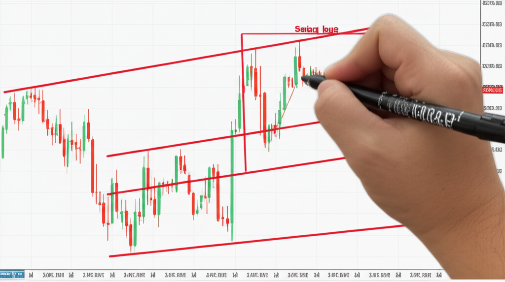 Hand drawing a Fibonacci Channel on a chart, highlighting three anchor points for an uptrend