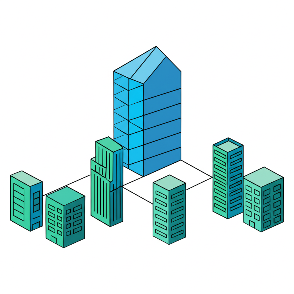 Illustration of a parent company overseeing subsidiary businesses, symbolizing a holding company structure with corporate buildings and control lines