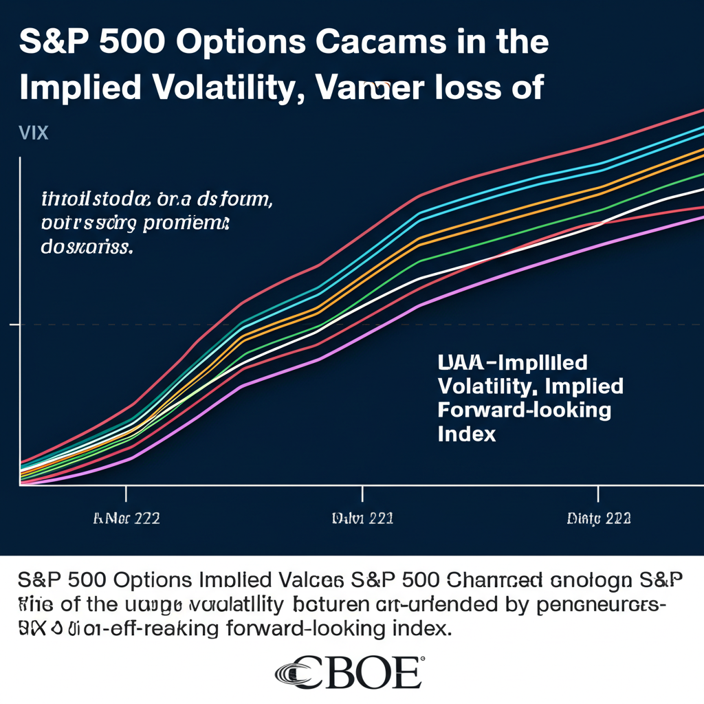 Illustration of a digital interface showing S&P 500 options data, with lines representing implied volatility, and a CBOE logo, explaining the VIX as a forward-looking index, in a clean, informative style.