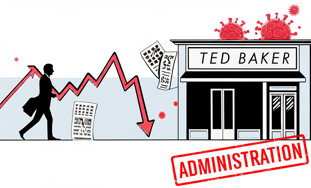 Timeline illustration of Ted Baker's decline with falling stocks, accounting issues, and administration