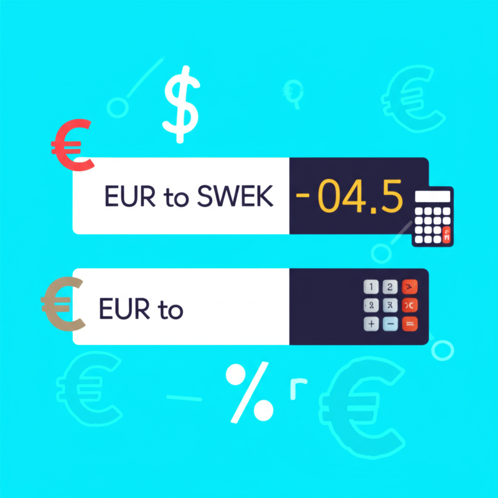 Digital currency converter interface showing live EUR to SEK exchange rate with calculator and money symbols