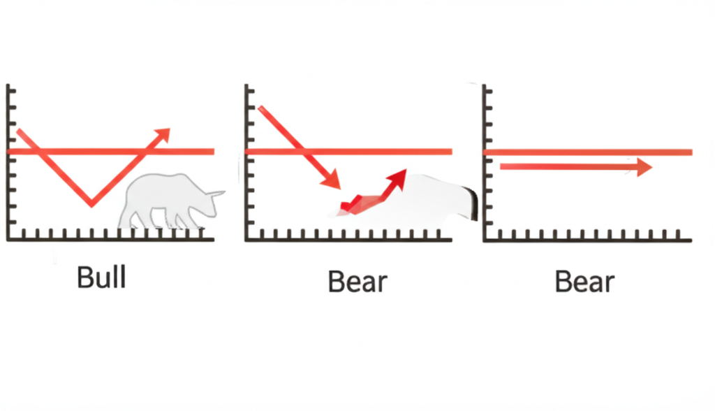 An illustration depicting three distinct charts side-by-side: one showing an upward trend (bull), one a downward trend (bear), and one a horizontal, range-bound movement, with clear visual cues for each