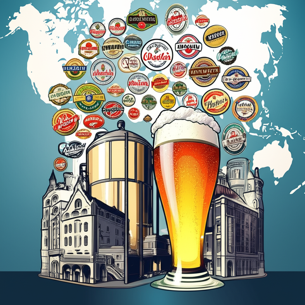 Illustration of two giant beer companies merging into one colossal entity against a world map backdrop with global beer brands swirling around