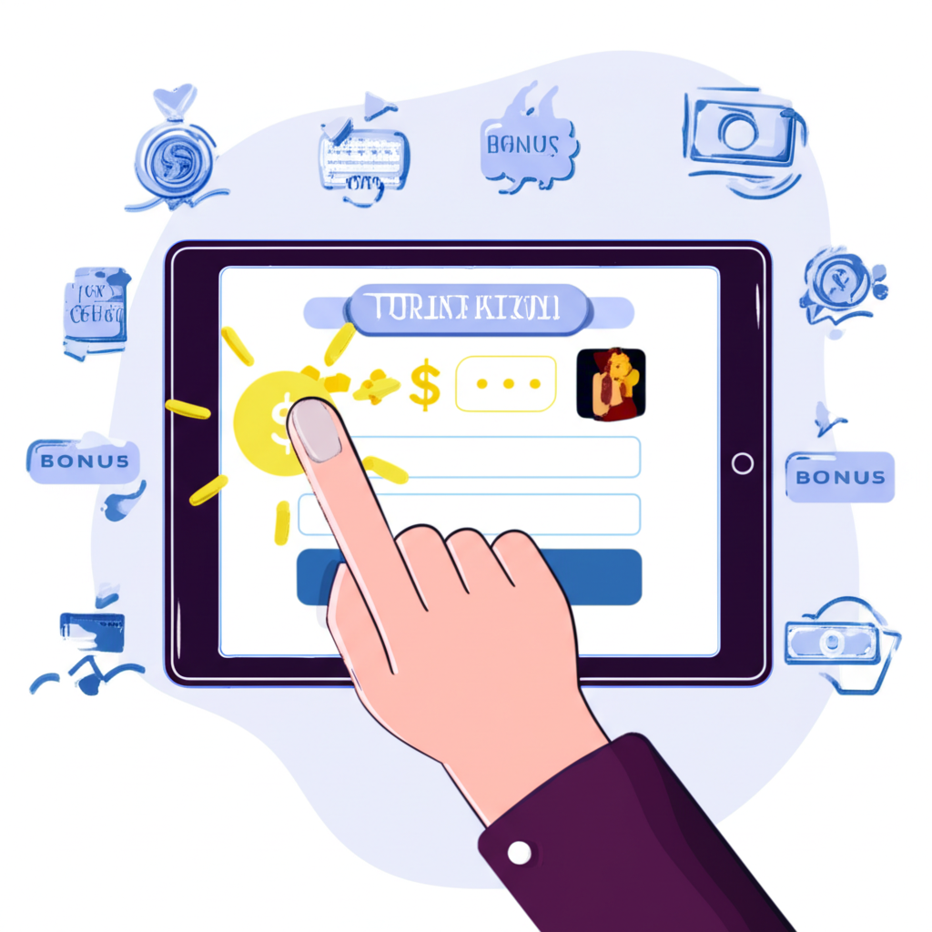 Illustration showing a new client registering online and receiving a bonus credit in their trading account with various bonus types represented as icons