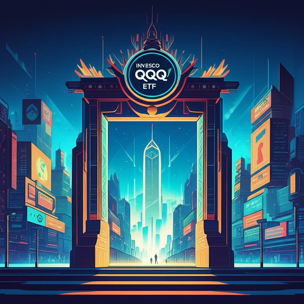 Illustration of the Invesco QQQ ETF as a gateway or portal, with a stylized Nasdaq 100 index sign, leading into a vibrant city skyline filled with futuristic technology and growth companies, representing diversification and innovation, bright and modern illustration style.