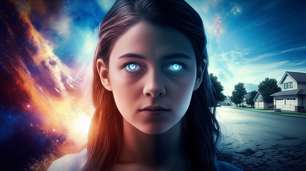 Illustration of a young woman with glowing eyes, standing between a mystical, cosmic realm and a grounded, suburban setting, symbolizing the genre-defying mystery of 'The OA'.