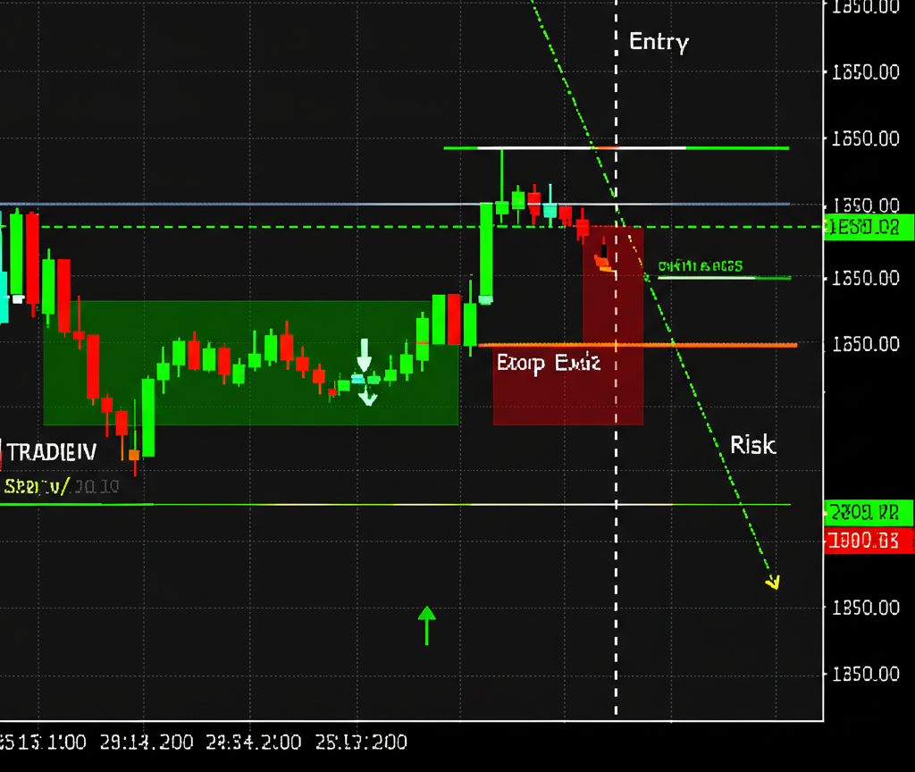 Trading chart with entry/exit points, stop-loss zones, and market sentiment indicators