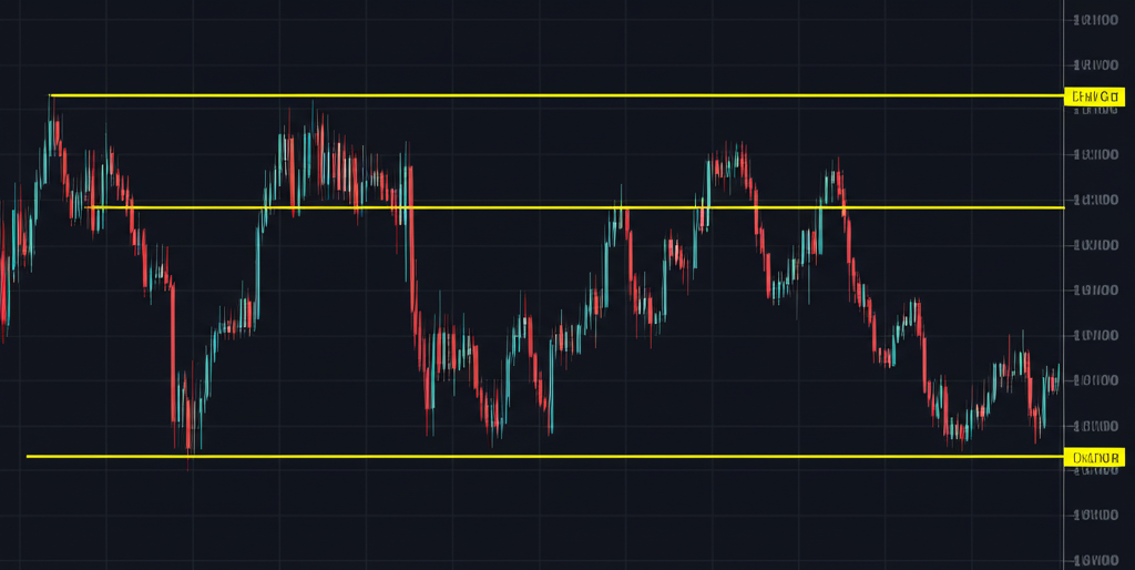 A forex chart illustrating clear uptrends, downtrends, and sideways price action, with prominent horizontal support and resistance levels marking key psychological barriers