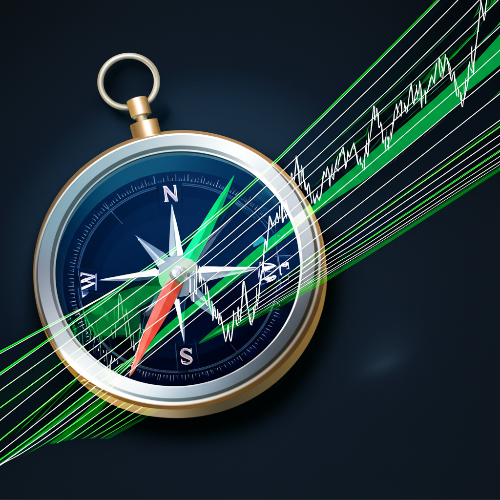 Illustration of a compass guiding a financial chart with Fibonacci Channels showing dynamic support and resistance