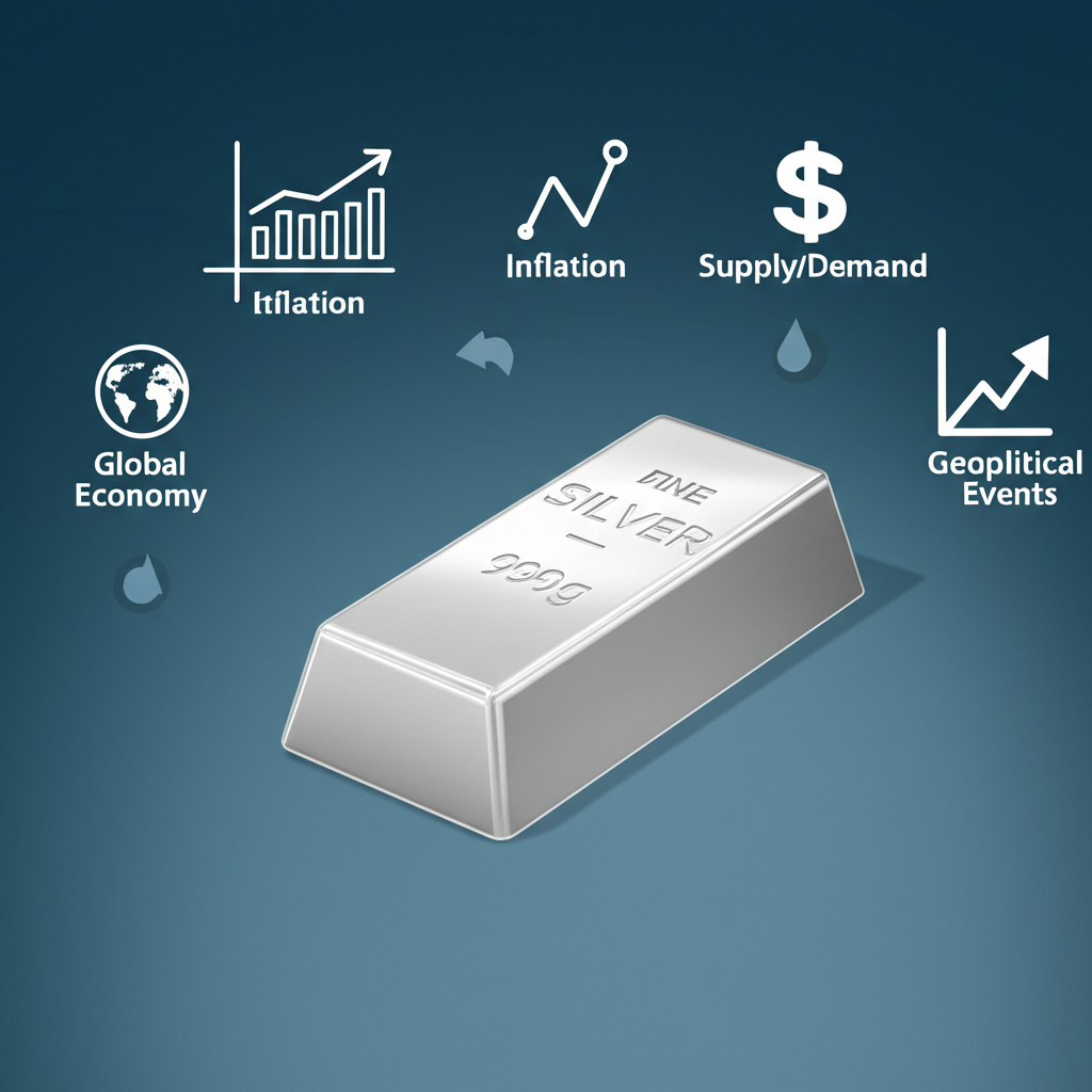 Infographic-style illustration comparing silver and gold with volatility indicators and gold-silver ratio
