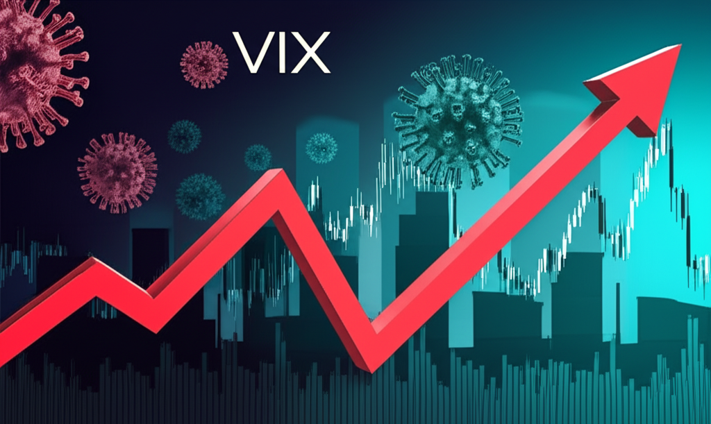 Illustration depicting a sharp, dramatic spike on a VIX chart, with elements symbolizing the COVID-19 pandemic, global lockdowns, and economic uncertainty, causing widespread market panic, in a dynamic, impactful style.