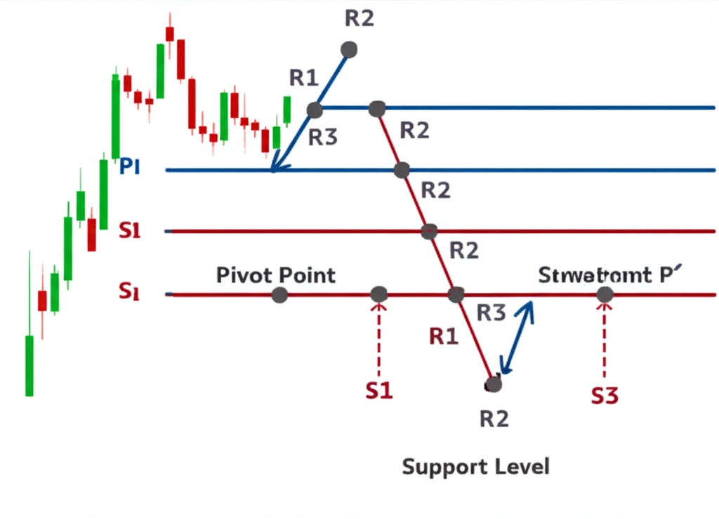 Diagram of pivot point structure with PP, R1-R3, S1-S3 labeled and price reaction arrows