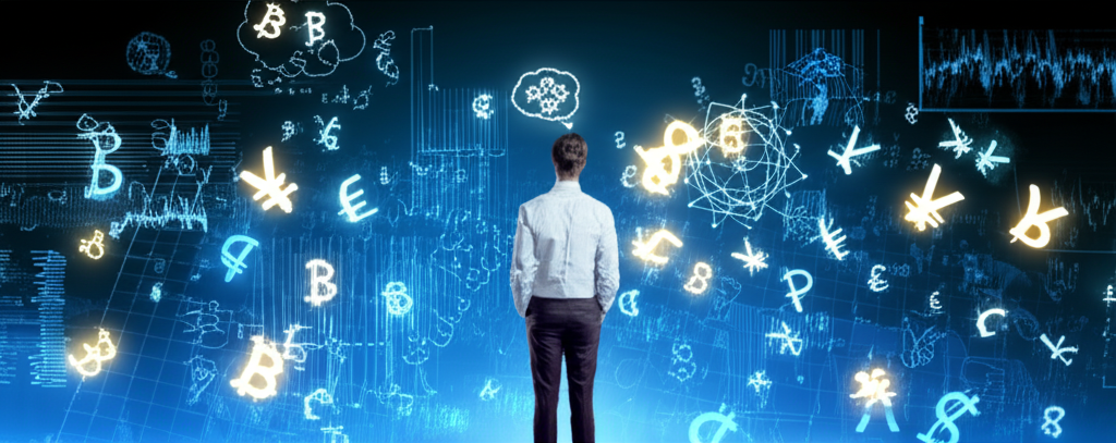 Illustration of a forex trader navigating a digital currency market with flowing currency symbols, analytical tools, and strategic thinking