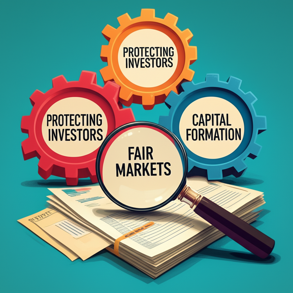 Illustration with three interconnected gears: 'Protecting Investors,' 'Fair Markets,' 'Capital Formation,' working smoothly. A magnifying glass highlights financial documents, symbolizing 'disclosure,' all in a vibrant, conceptual illustration style