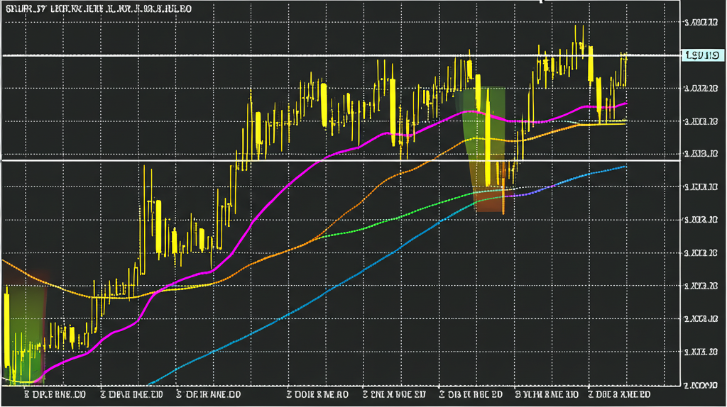 Illustration of a candlestick chart for EUR/JPY, highlighting key technical levels like resistance and support lines, with moving averages forming dynamic zones, indicating potential entry and exit points for traders.