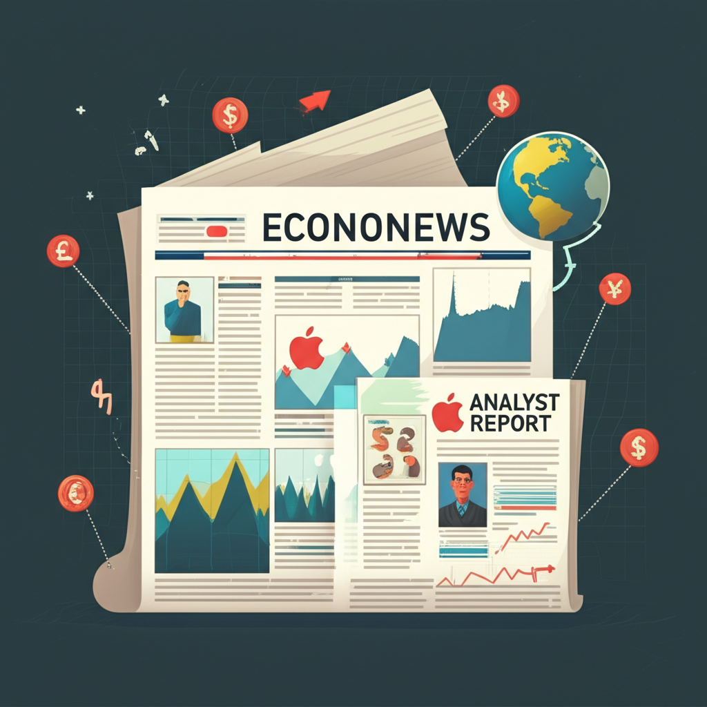 Illustration showing news headlines, analyst reports, and economic symbols converging on an Apple stock chart