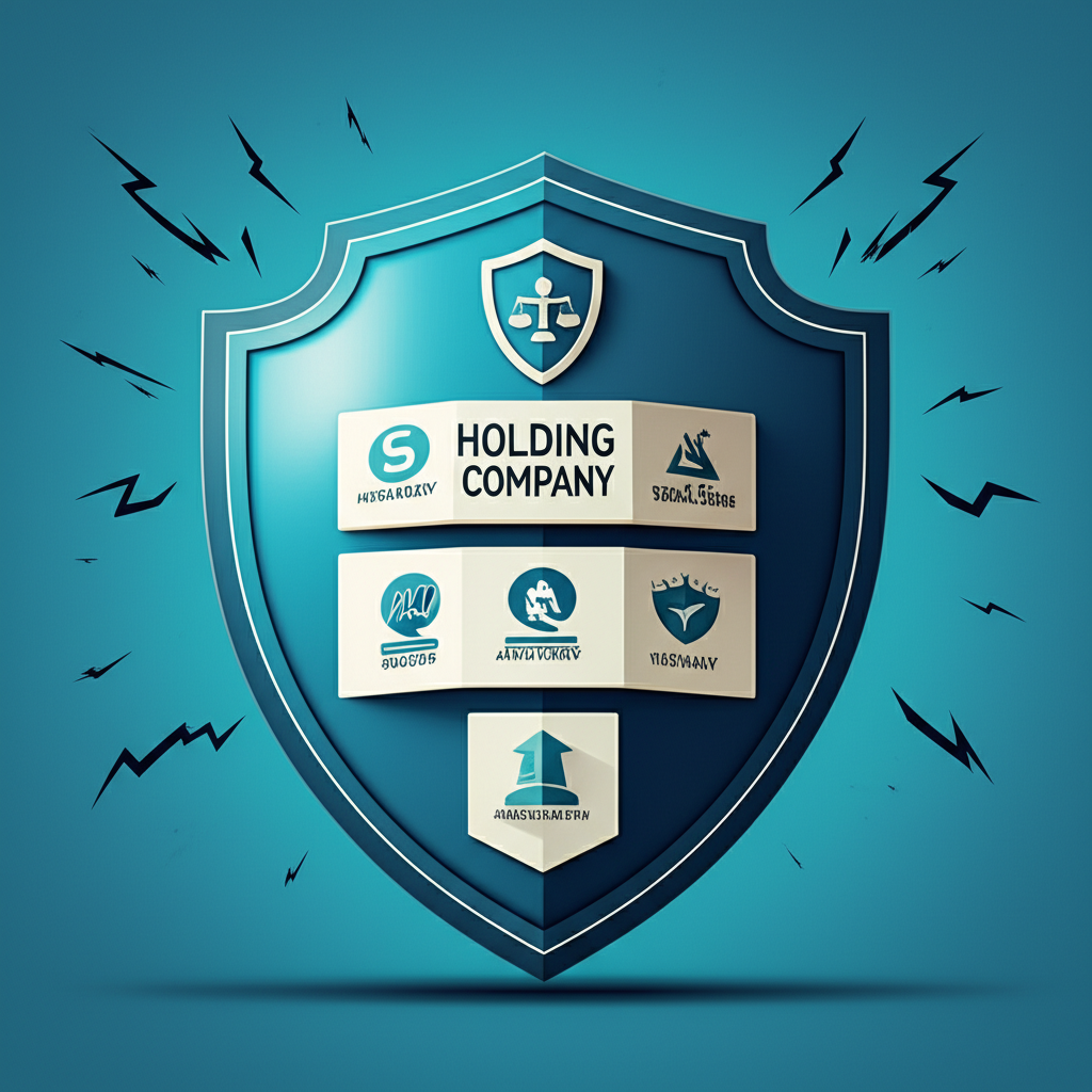 Illustration of a protective shield guarding multiple business entities from legal and financial threats, representing liability isolation in a holding company