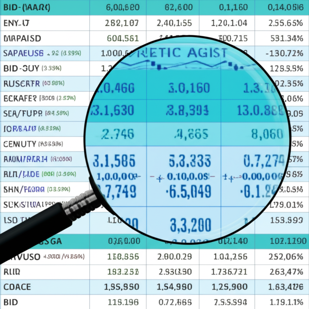 Illustration of a digital trading screen displaying bid and ask prices for a currency pair, with a magnifying glass highlighting tiny pips representing minute changes in exchange rates