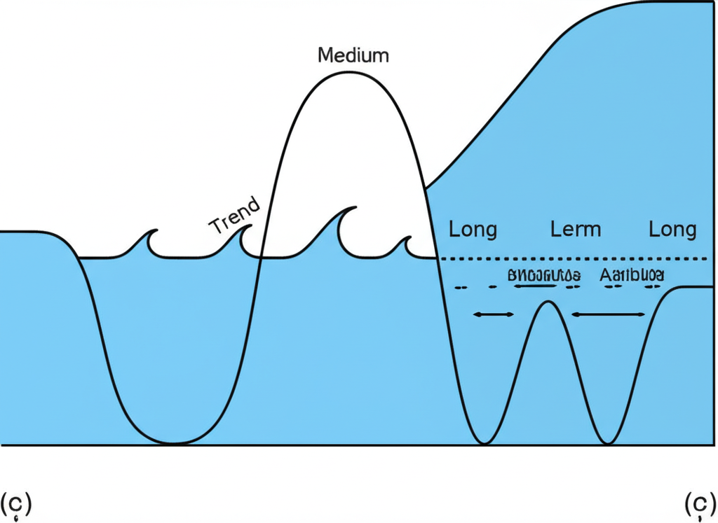 An illustration showing a large, overarching wave representing a long-term trend, with smaller waves within it for medium-term corrections, and tiny ripples for short-term fluctuations, all on a timeline