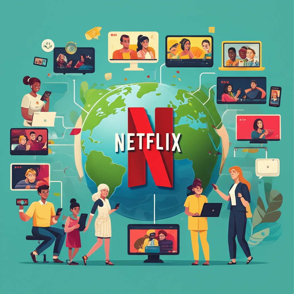 Illustration depicting Netflix as a global streaming leader, with a large Netflix logo at the center, surrounded by diverse people from different continents watching content on various devices, interconnected by streaming lines, showcasing entertainment and global reach, warm and inviting illustration.