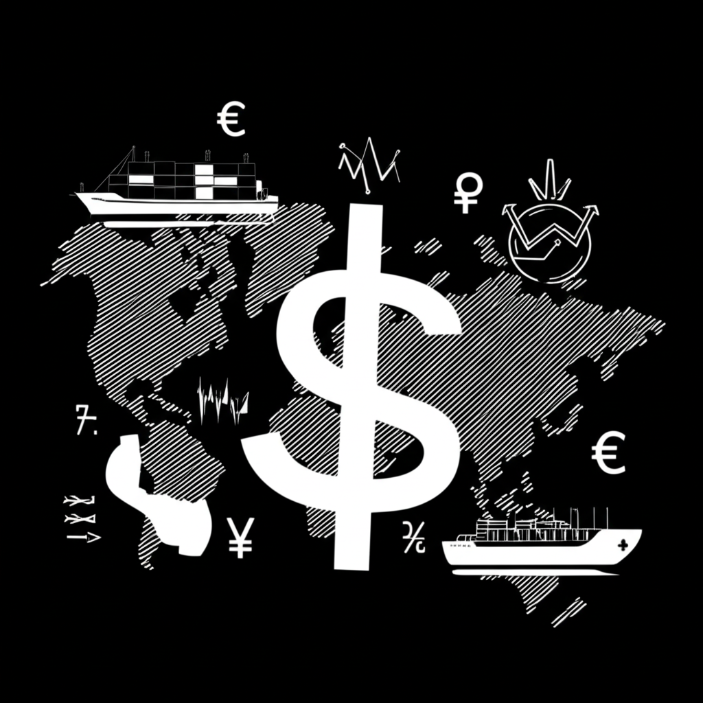 Illustration of Canadian Dollar symbol C$ with global trade elements like ships, exchange charts, and world map