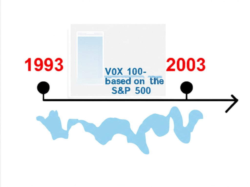 Timeline illustration showing the evolution of the VIX index from 1993 to 2003 with S&P 100 to S&P 500 transition