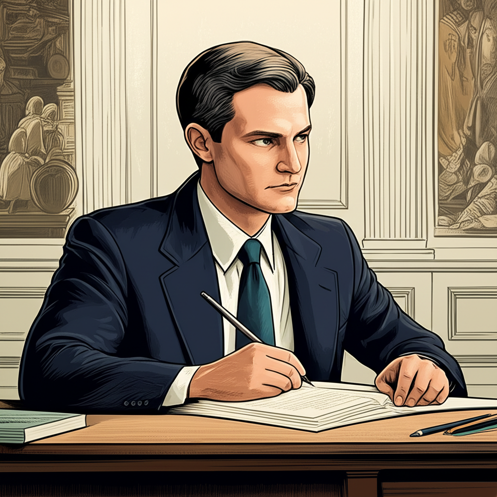 Illustration of a young Jerome Powell studying in a scholarly environment with elements of Washington D.C. and a Jesuit school, emphasizing early discipline and intellectual curiosity