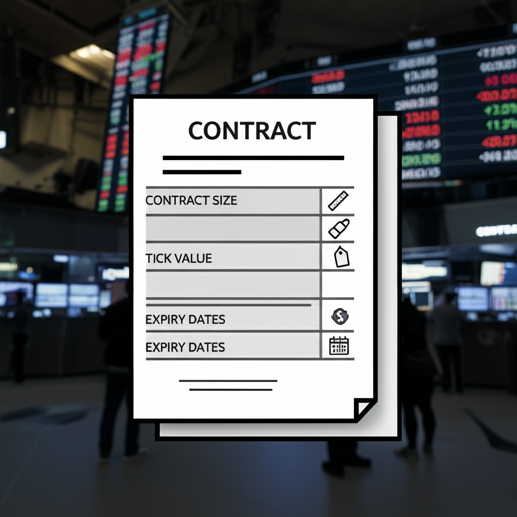 Illustration of a detailed contract document or digital interface displaying key specifications like Contract Size, Tick Value, and Expiry Dates with small icons, set against a backdrop of a financial exchange