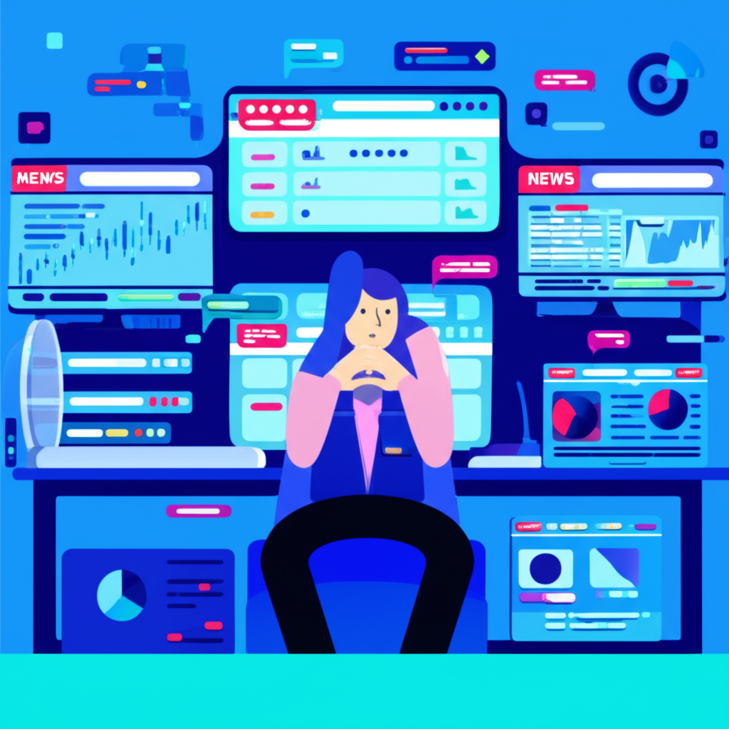 Forex trader at a multi-screen workstation analyzing charts, news feeds, and economic indicators with focused discipline